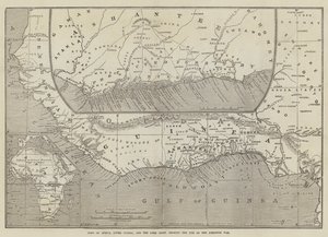 Kort over Afrika, Øvre Guinea og Guldkysten, der viser stedet for Ashantee-krigen
